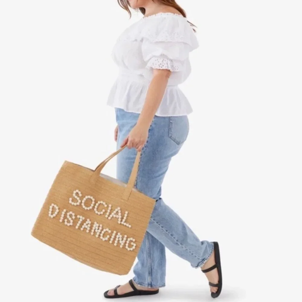 NWT Beyond the Beach Social Distancing Straw Tote Pearl Embellished Bag